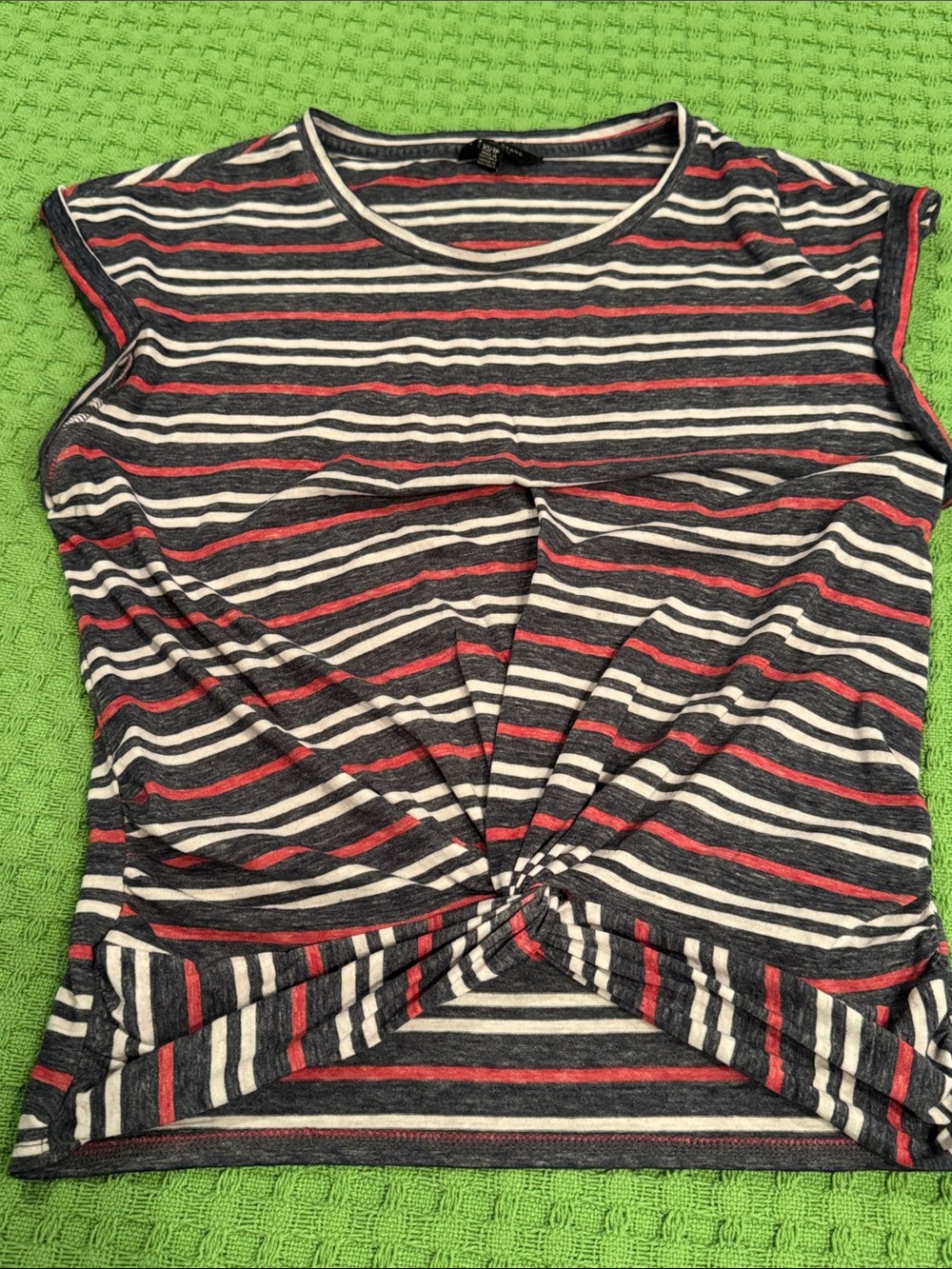 Lucky Brand Navy, White & Red Striped Twist-Front Short Sleeve Tee